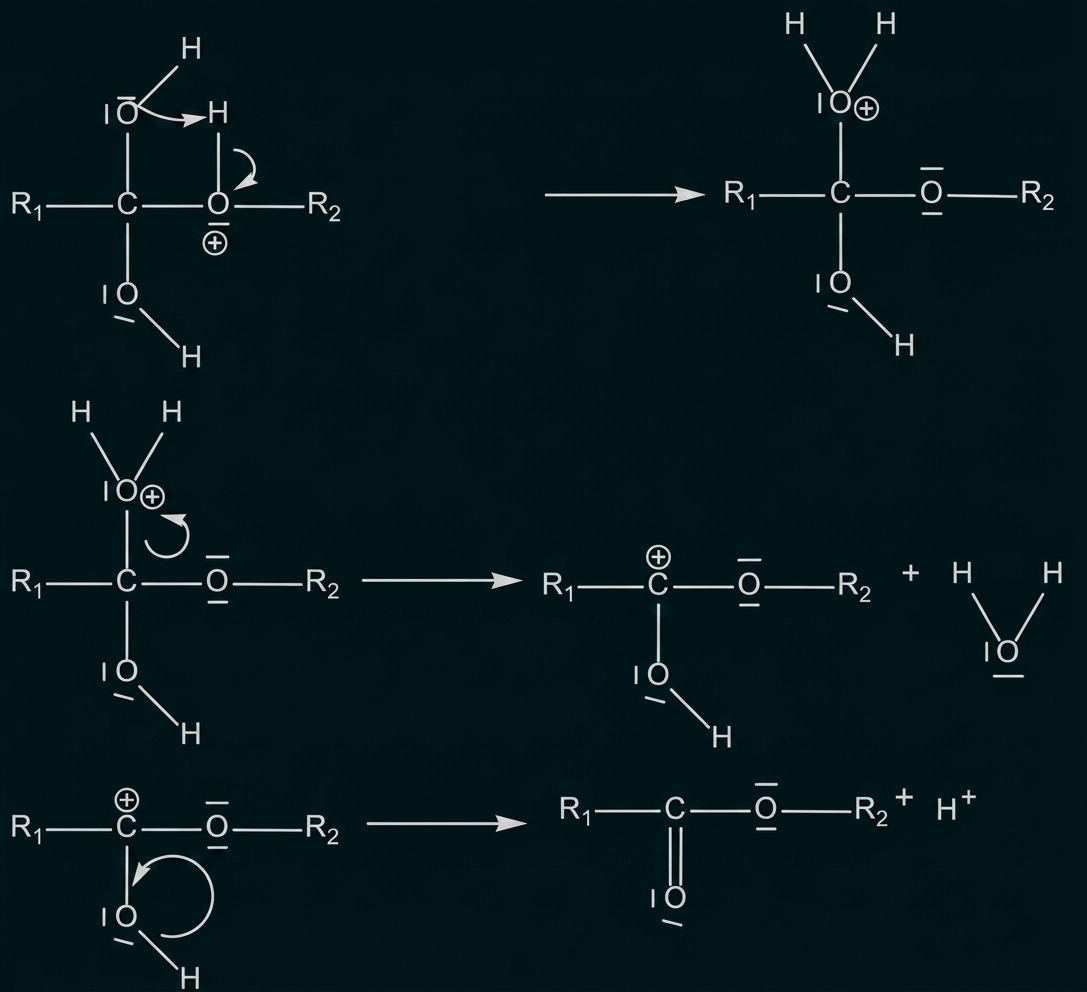 Schematische Darstellung eines mehrstufigen Reaktionsmechanismus an einem Ester mit Pfeilen und Ladezeichen